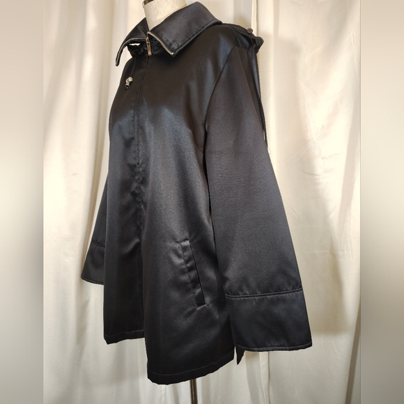 Dennis Basso Midi Trench Women,Navy Blue Satin Detachable Hood ZipUp, Pckts,M - Picture 10 of 14